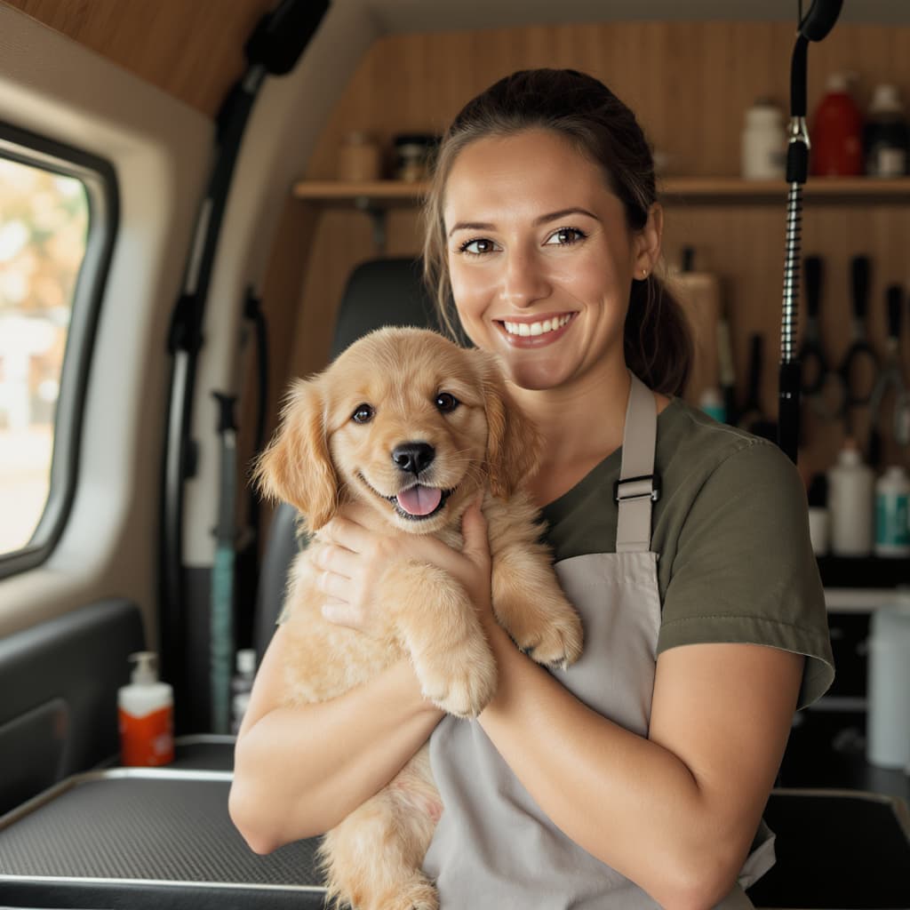 Maya Reyes, Latherlane lead groomer on the Portland route, holding a calm puppy inside a mobile grooming van.